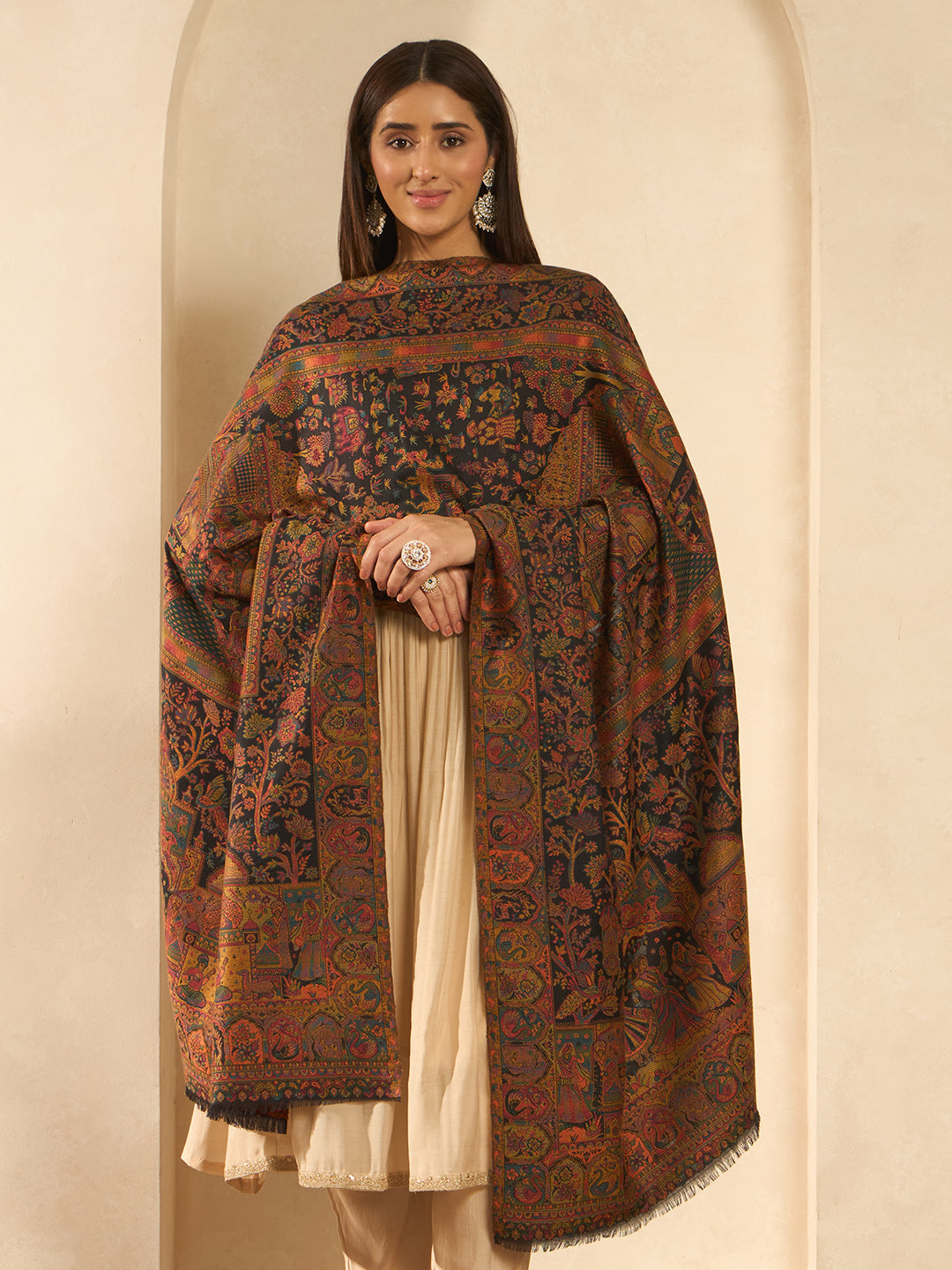 Pashmoda Women Shahi Manzar Kaani Wool Blend Kashmiri Shawl, Stole, Scarf | Luxury Pashmina Jamawar Soft Warm Evening Wrap (Size 40X80 inches )