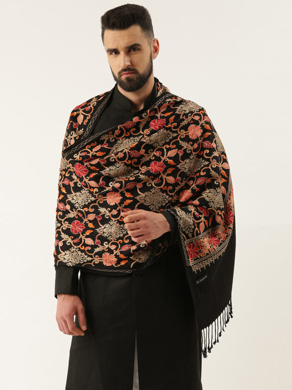 Men’s Kashmiri Embroidery Stole, Shawl, Authentic Kashmiri Luxury Pashmina Style Stole, Medium Size for Gents, Size 71X203 CM, Black Color