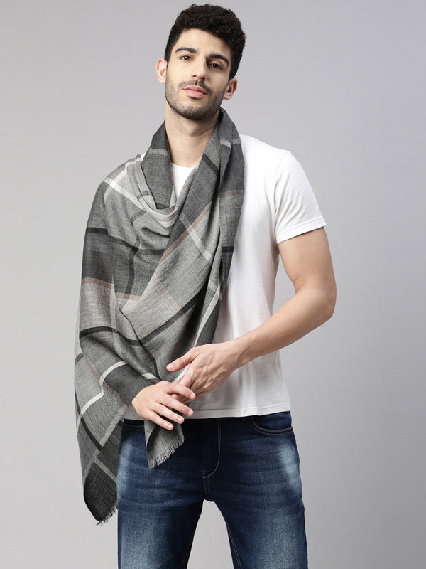 Men Pure Wool Checkered Stole (Size: 71 X 203 CM, Grey Color)