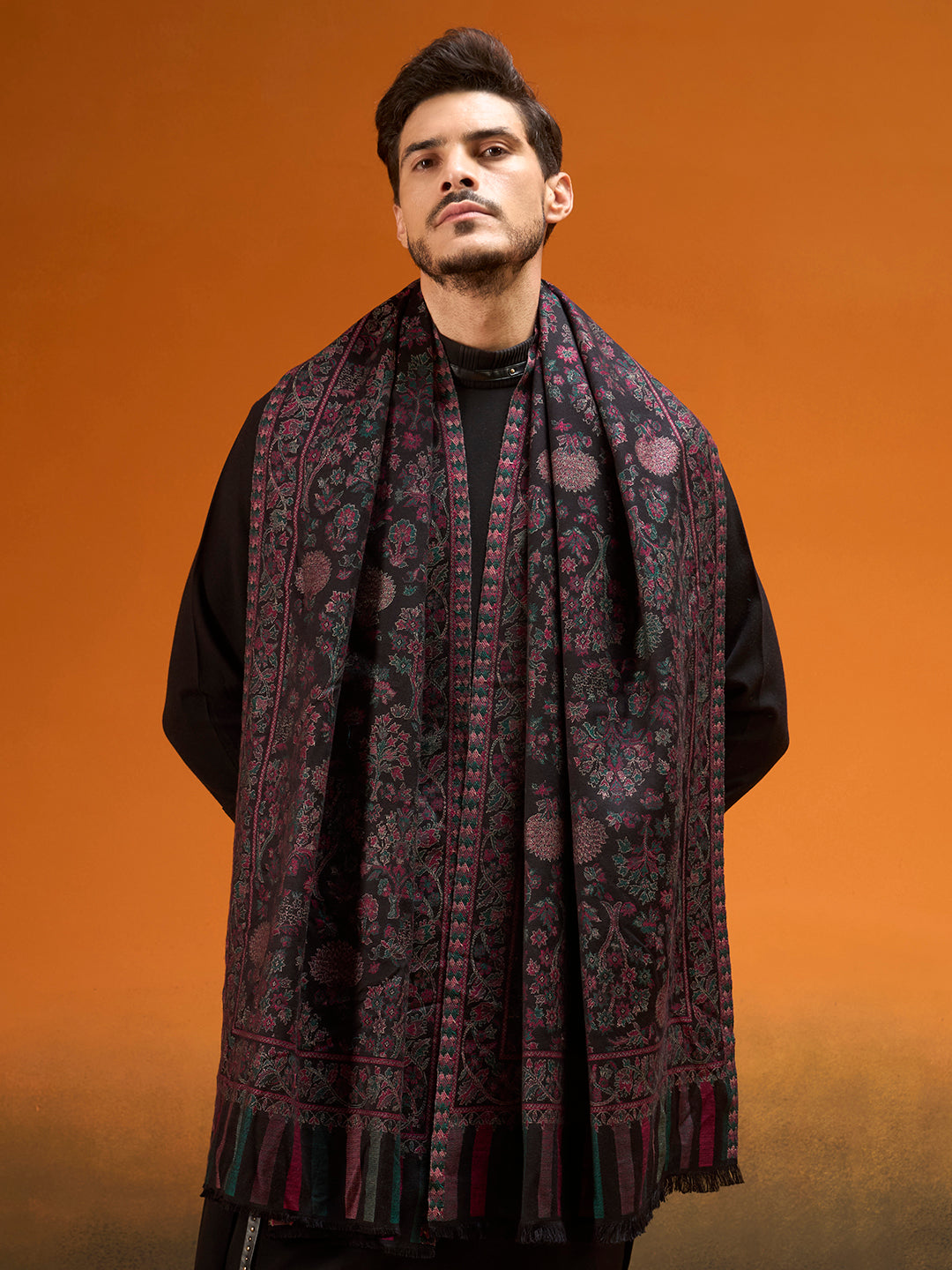 Pashmoda Men Aurelia Kaani Stole, Authentic Kashmiri Pashmina Style Wool Shawl, Gents Lohi Wrap, Traditional Jamawar Woven Design, Black Colour (28 x 80 Inches)