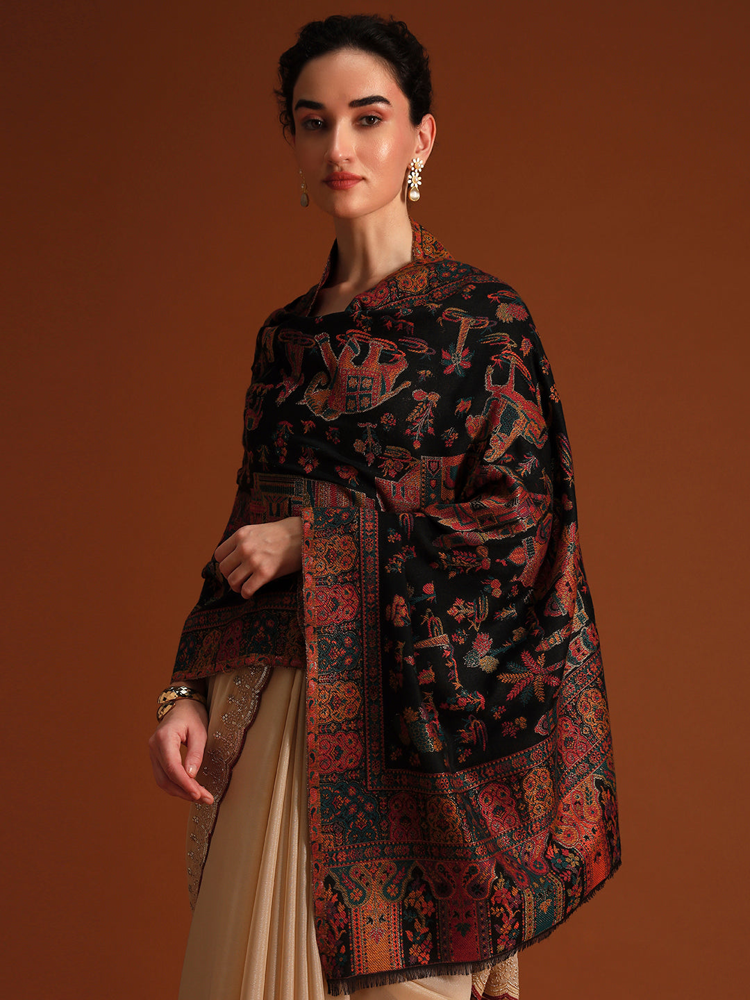 Pashmoda  Imperial Caravan kaani stole Stole for Women, Wool Blend Pashmina Style Shawl Wrap, Traditional Kashmiri Jamawar Woven Design, Luxury Evening & Festive Scarf (28 x 80 Inches)
