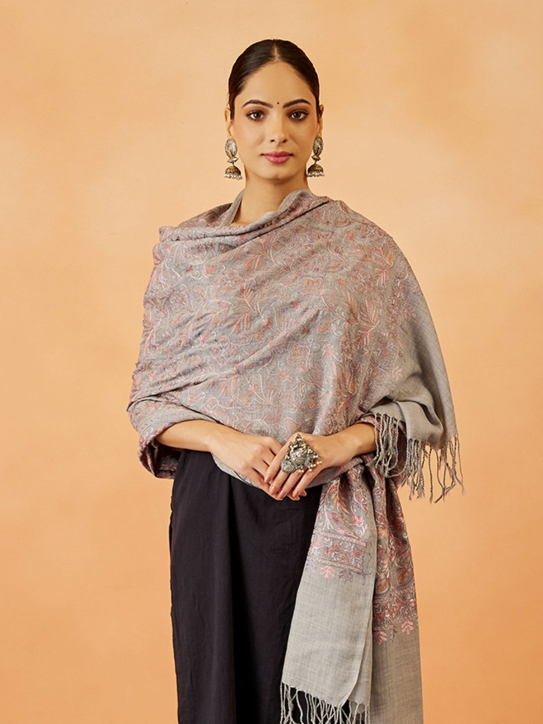 Women's Aangan Wool Blend Nalki Embroidered Stole (Size: 71x203 CM)