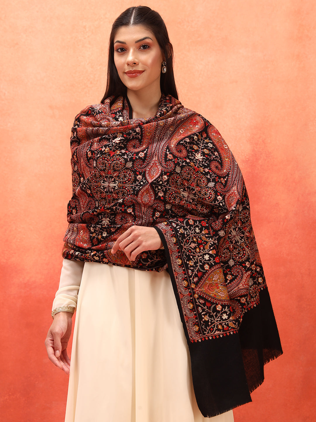 Pashmoda Women Mahnoor 100% Pure Wool Sozni Hand Embroidered Shawl (Size: 101x203 Cm)