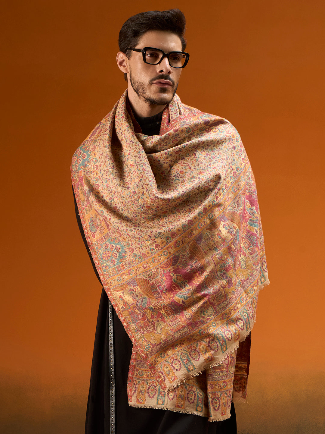 Pashmoda Men Persian Court Fine Wool Kaani Shawl, Authentic Kashmiri Pashmina Style Wrap, Medium Gents Lohi, Traditional Jamawar Woven Design, Gift Box Packed, Beige Colour (40 x 80 Inches)
