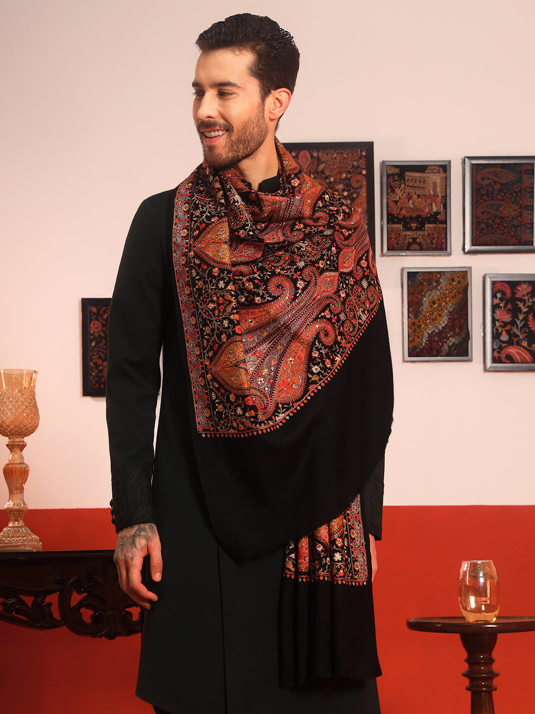 His and Her Gift Set of 100% Pure Wool Sozni Embroidered Shawl and Embroidered Shawl With Wooden Gift Box