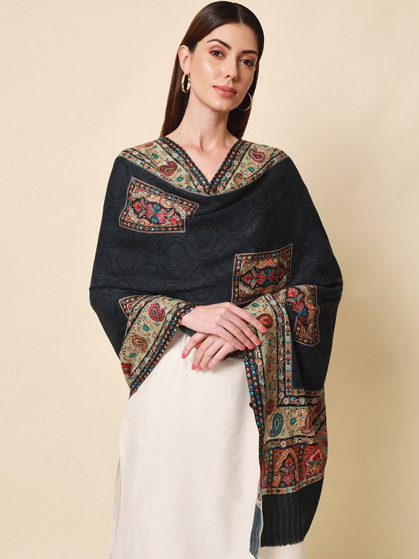 Women's Pure Wool Fabric Kalamkari Embroidered Stole (Size 71X203 CM)