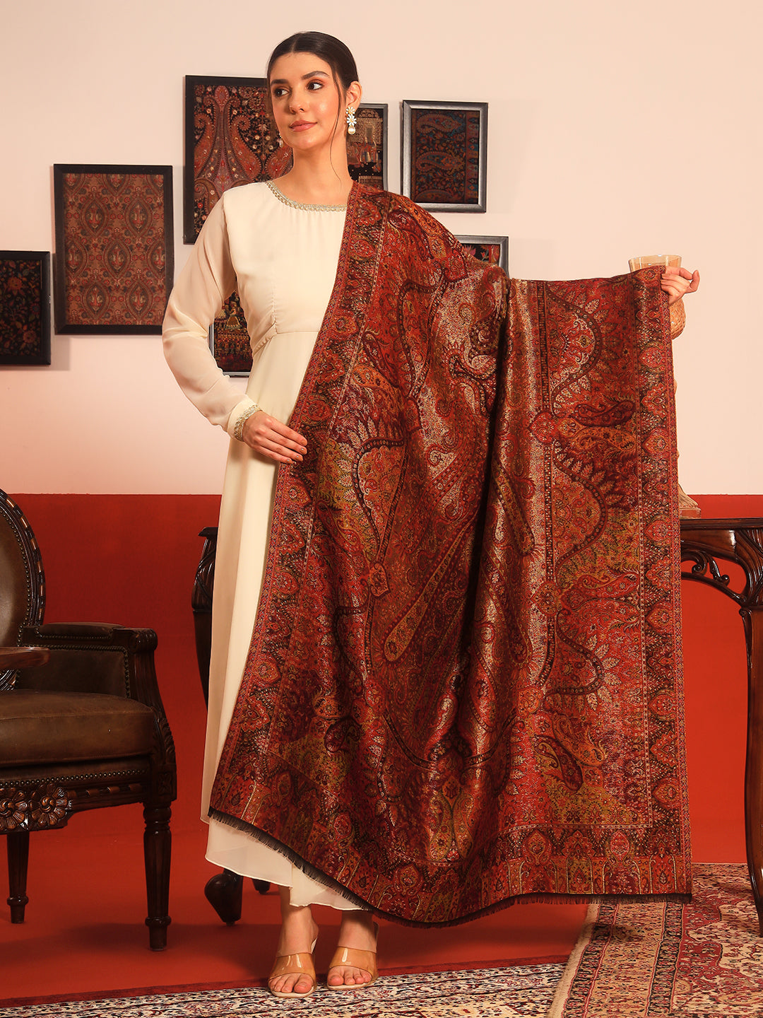 His and Her Gift Set of Zari Stole and Zari Kaani Shawl With Wooden Gift Box