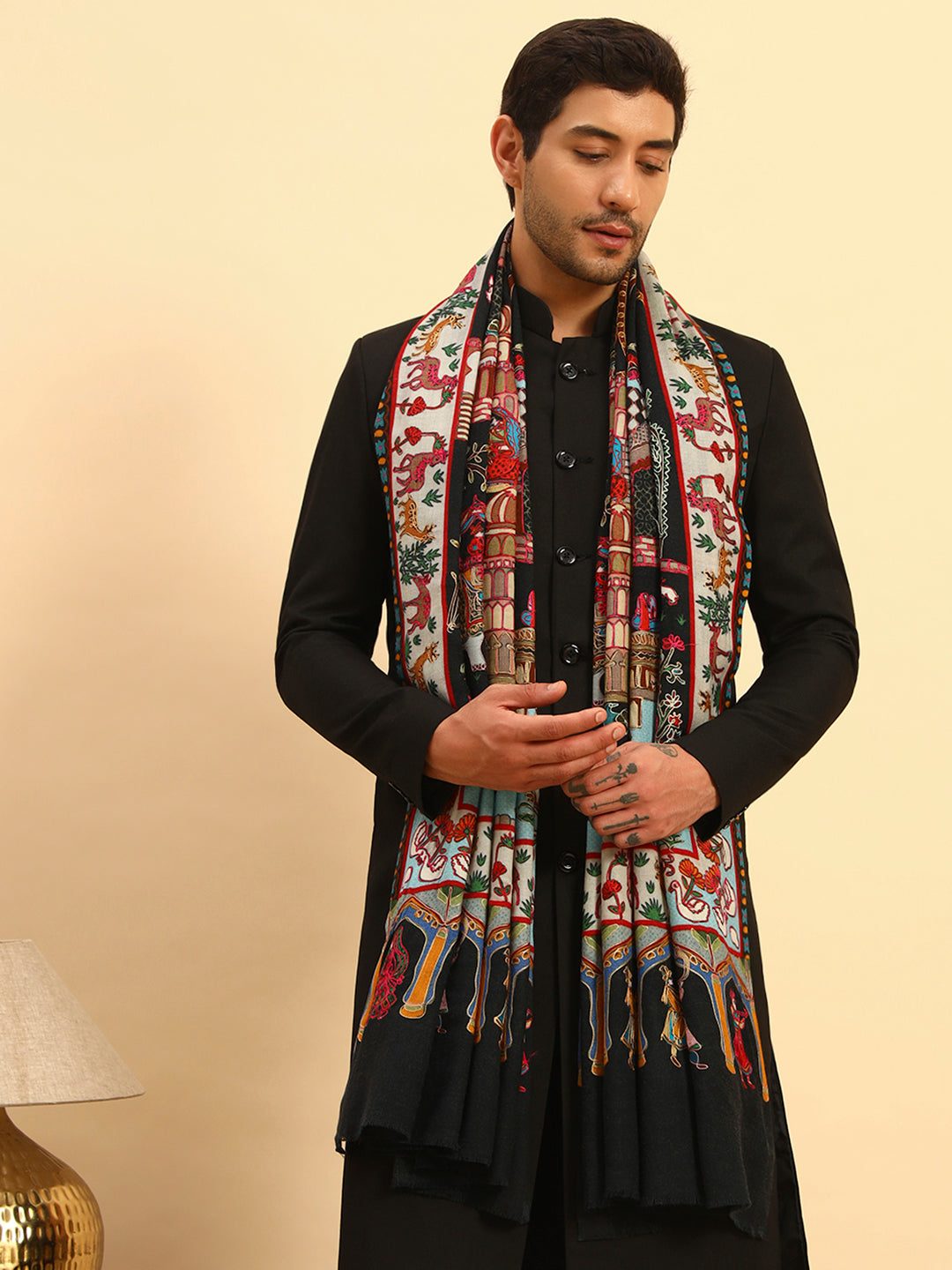 His and Her Gift Set of 100% Pure Wool Kalamkari Shawl and  100% Pure Wool Sozni Embroidered Shawl With Wooden Gift Box