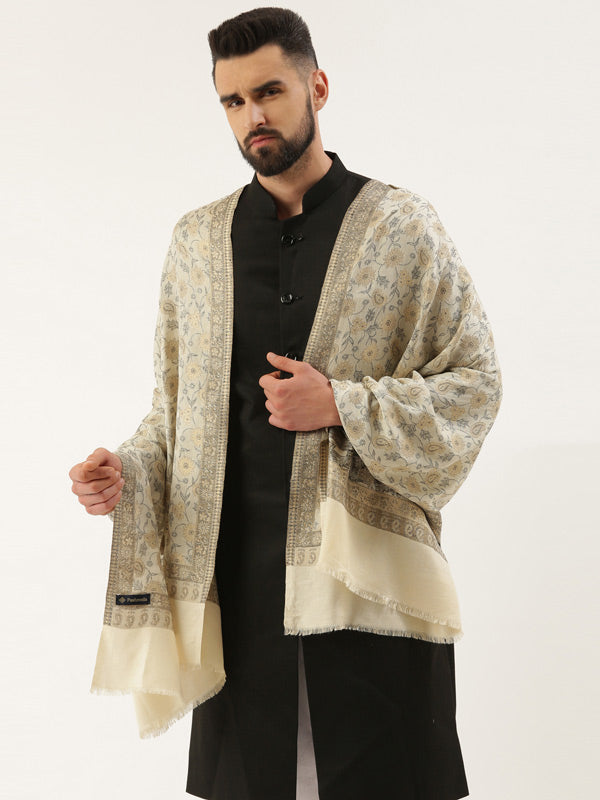 Men Kaani Stole with Zari Weave, Authentic Kashmiri Luxury Pashmina Style Stole,  72X208 CM,  White Color