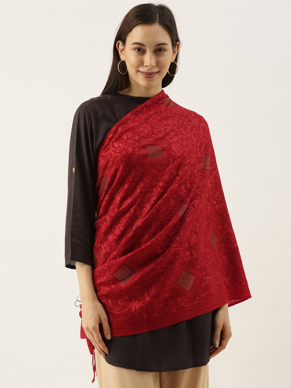 Women's Pure Wool Swarovski with Aari Embroidered Stole (Size 71X203 CM)