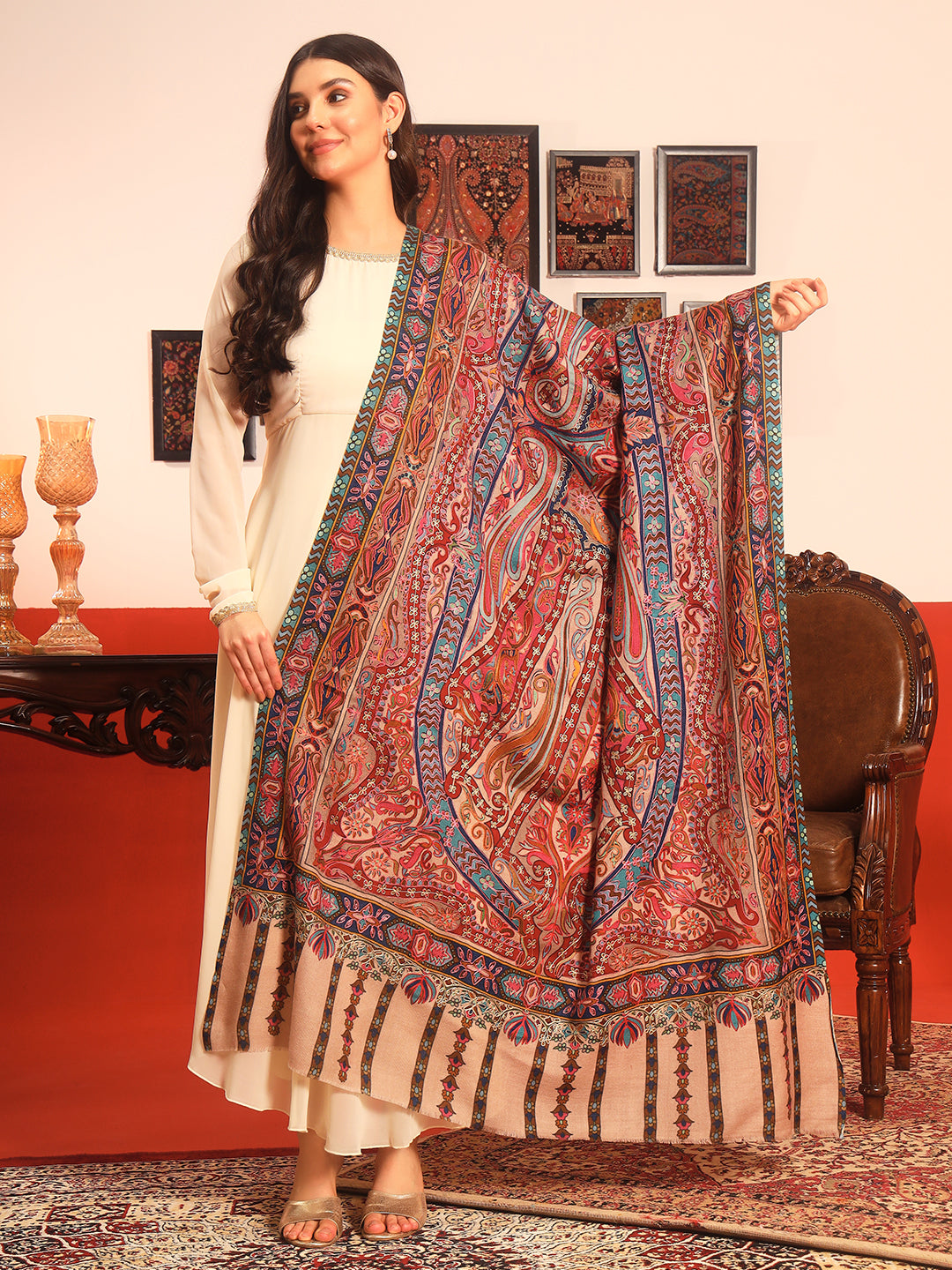 His and Her Gift Set of 100% Pure Wool Sozni Embroidered Shawl and Kalamkari Shawl With Wooden Gift Box