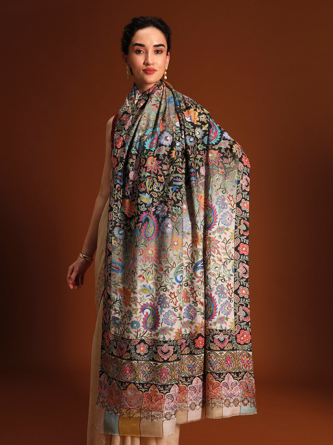 Women Twilight paisley Fine Wool Fabric Kalamkari Embroidered Shawl,