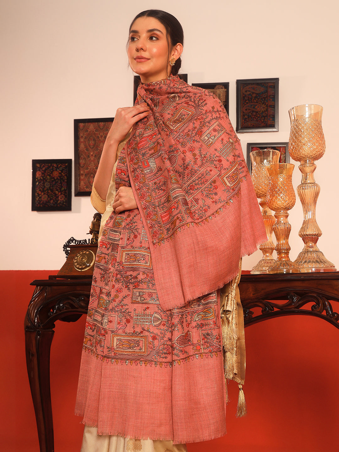 Pashmoda Women Arwina 100% Pure Wool Sozni Hand Embroidered Shawl (Size: 101x203 CM)