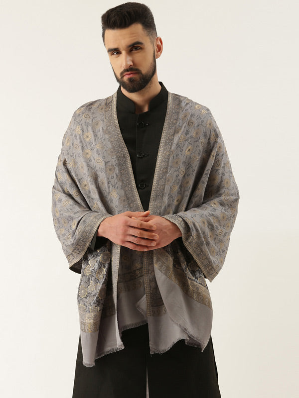 Men Kaani Stole with Zari Weave, Authentic Kashmiri Luxury Pashmina Style, Stole, Full Size Gents Lohi, Size 72X208 CM,  Grey Color