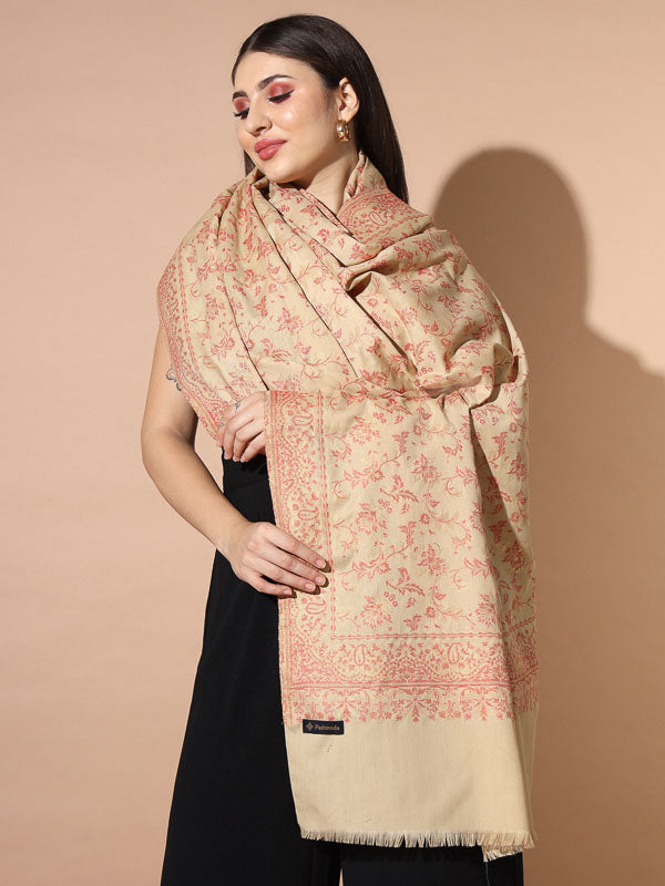 Women Beige Woven Design Jamawar Shawl (Size 101X203 CM)