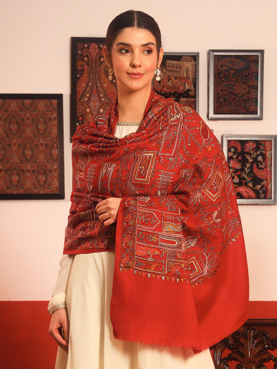 Pashmoda Women Arwina 100% Pure Wool Sozni Hand Embroidered Shawl (Size: 101x203 CM)