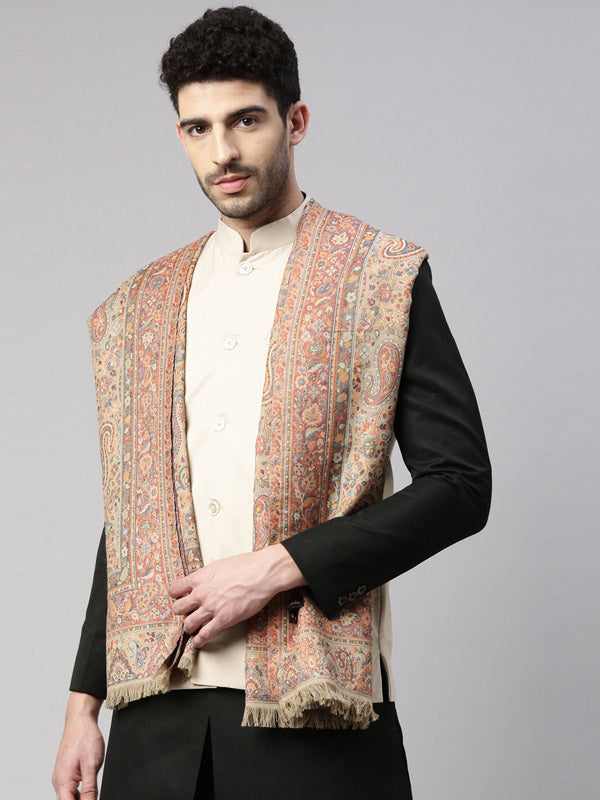 Men Kaani Woven Design Shawl (Size 28x80 Inches, Beige Color)