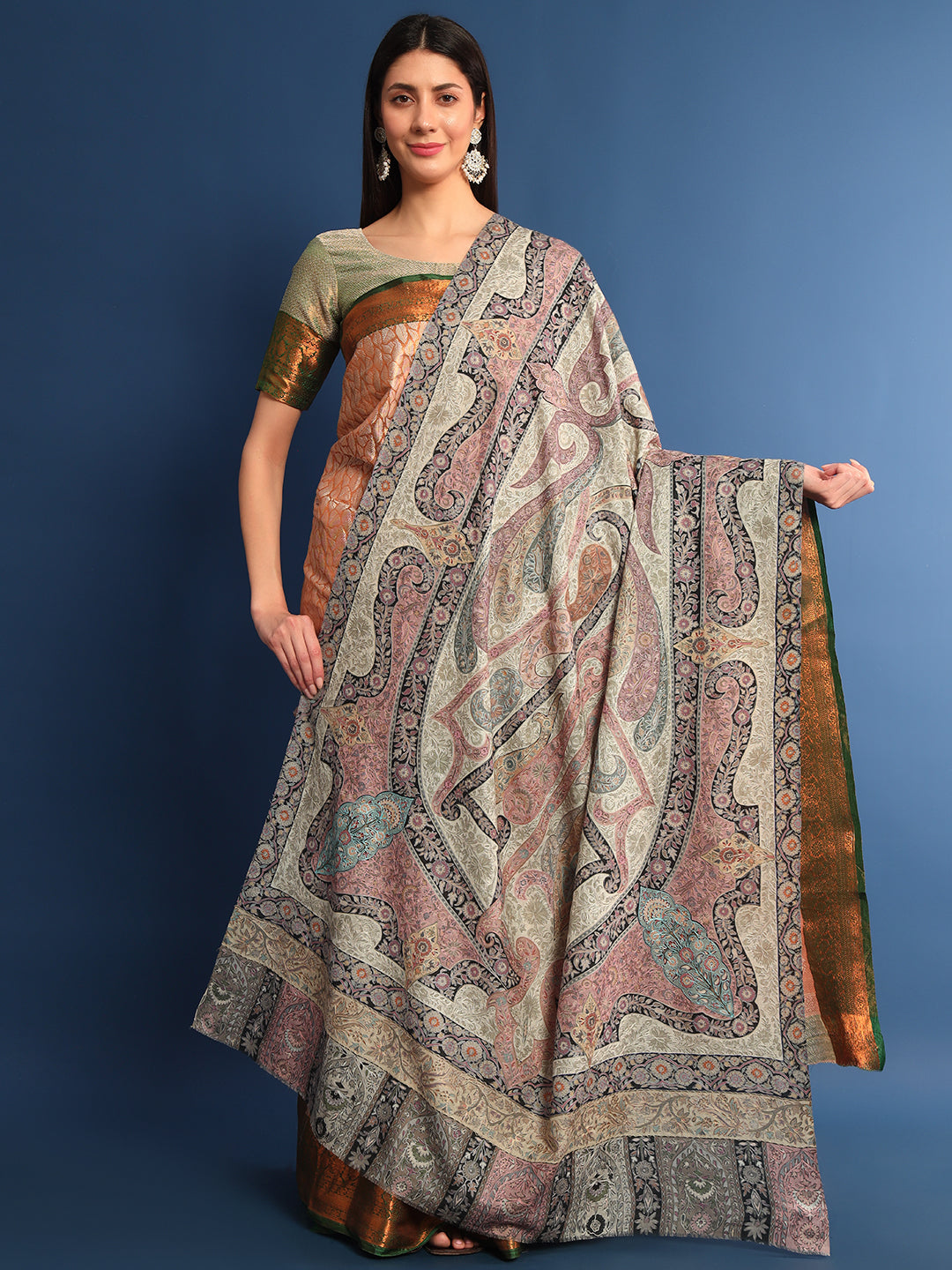 Women Safa Fine Wool Fabric Pashmina Kalamkari Embroidered Shawl (Size: 115x230 CM)