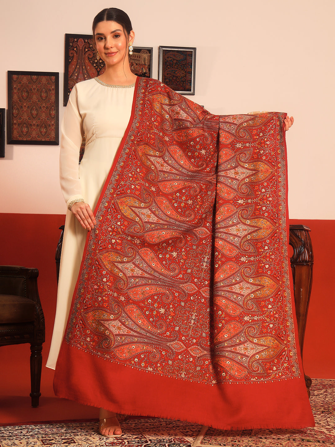 Pashmoda Women Mahnoor 100% Pure Wool Sozni Hand Embroidered Shawl (Size: 101x203 Cm)