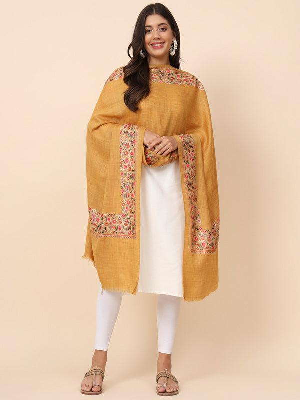 Women Yellow Pure Wool Nalki Embroidered Stole (Size 71X203 CM)