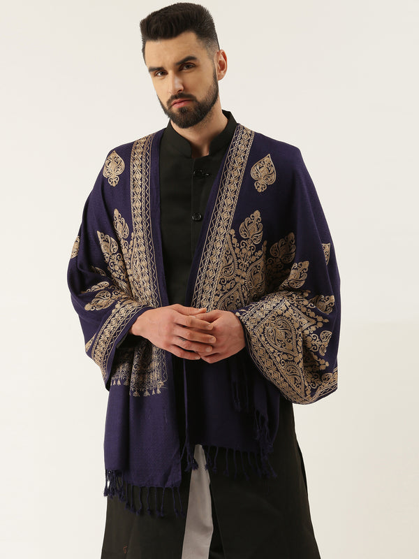 Men’s Kashmiri Embroidery Stole, Shawl, Authentic Kashmiri Luxury Pashmina Style Shawl, Stole, Medium Size for Gents, Size 28x80 Inches, Navyblue Color