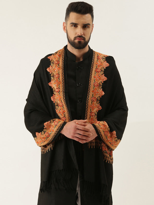 Men’s Kashmiri Embroidery Stole, Shawl, Authentic Kashmiri Luxury Pashmina Style Stole, Medium Size for Gents, Size 71X203 CM, Black Color