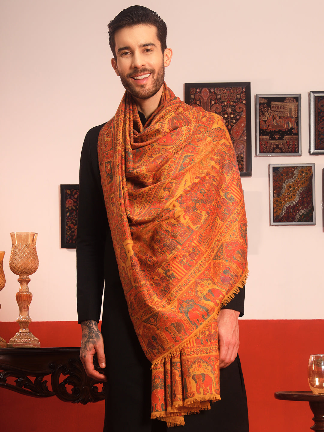 Pashmoda Men Darbari Kaani Wool Blend Kashmiri Shawl (Size: 101X203 CM)