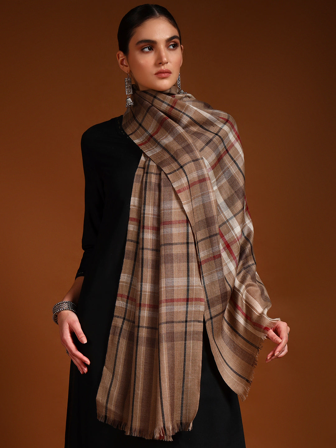 Women 100% Pure Wool Checkered Stole, Sustainable and Natural Fabric (Size 71x203 CM)