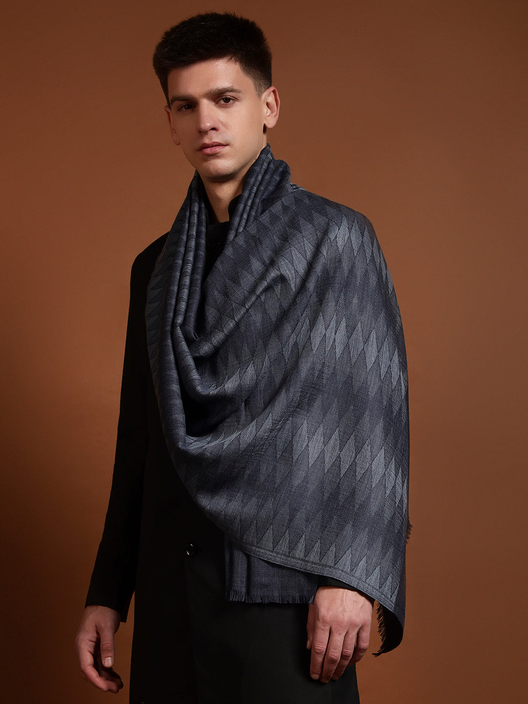 Pashmoda Men 100% Pure Wool Checkered Ikat Stole, Natural & Sustainable Shawl Wrap, Heritage Kashmiri Pashmina Style, Blue Colour (28 x 80 Inches)