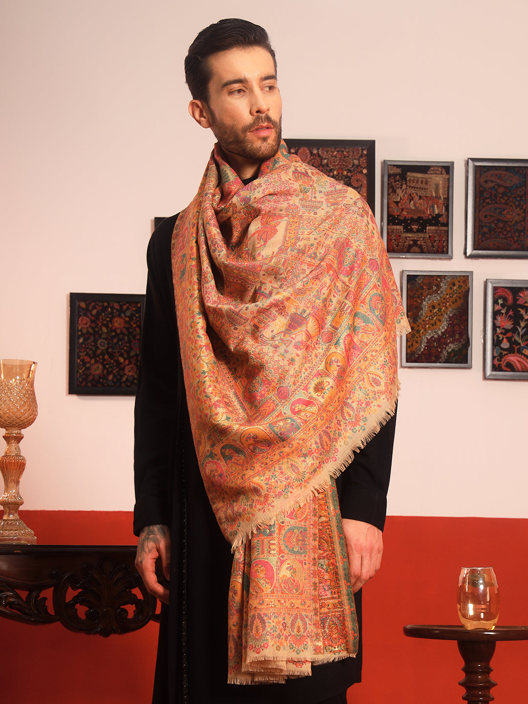 His and Her Gift Set of Zari Kaani Shawl and Embroidered Stole With Wooden Gift Box