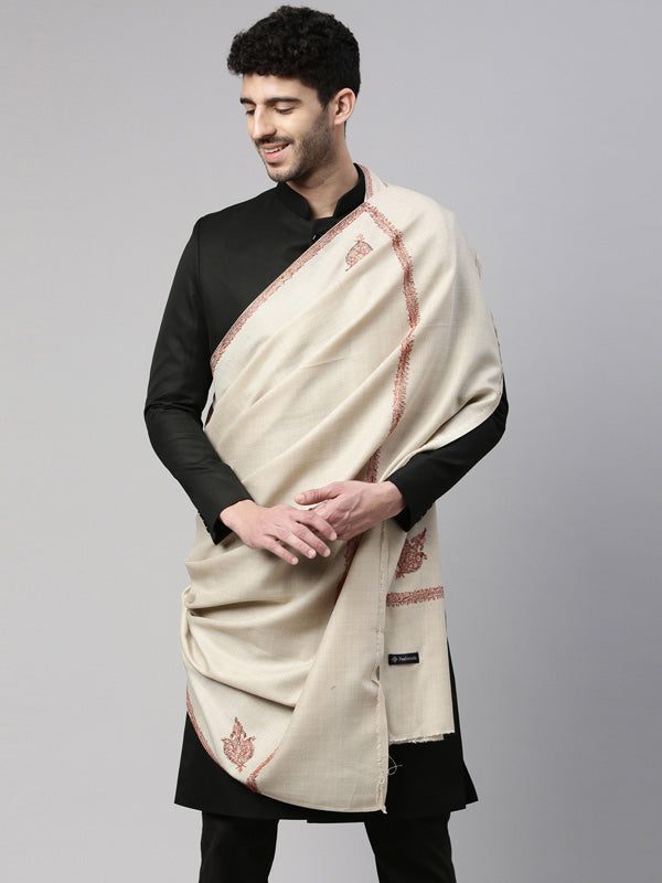 Men Hashiya Embroidered Woollen Shawl (Size 127X254 CM, Beige Color)