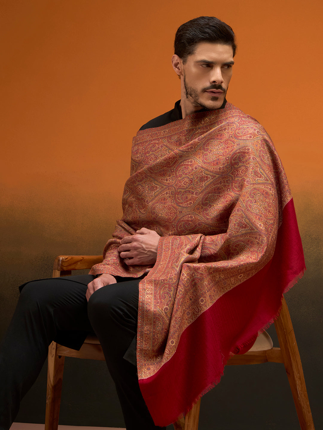 Pashmoda Men Regalis Reversible Kaani Zari Shawl, Rich All-Over Zari Woven Design, Authentic Kashmiri Pashmina Style Wrap, Medium Gents Lohi, Gift Box Packed, Maroon Colour (40 x 80 Inches)