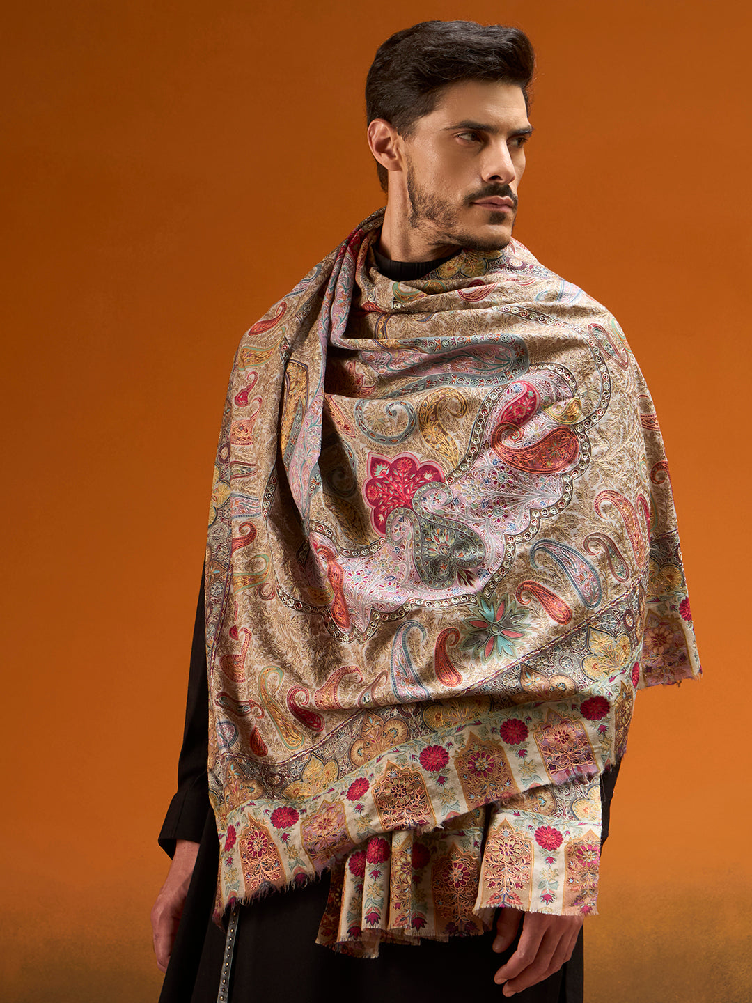 Men Paisley Promenade Fine Wool Kalamkari Embroidered Shawl