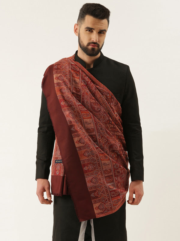 Men Jamawar Shawl, Authentic Kashmiri Luxury Pashmina Style Shawl, Size: 101x203 CM, Brown Color