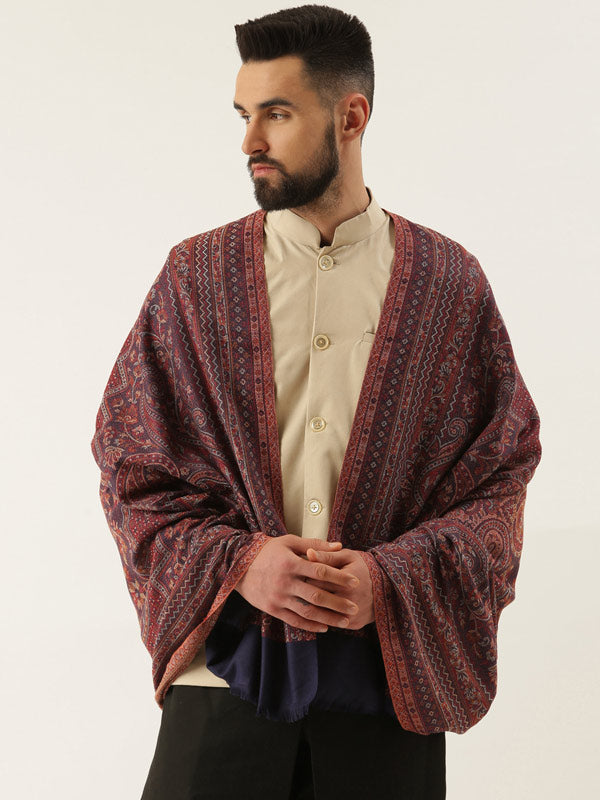 Men Jamawar Shawl, Authentic Kashmiri Luxury Pashmina Style Shawl, Size: 101x203 CM, Navyblue Color
