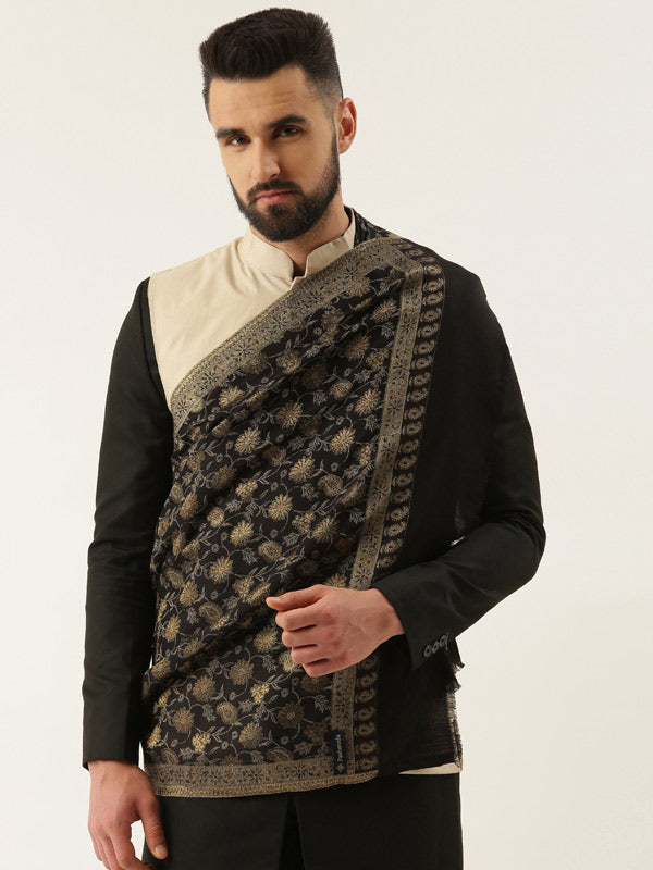 Men Kaani Stole with Zari Weave, Authentic Kashmiri Luxury Pashmina Style Shawl, Stole, Full Size Gents Lohi, Size 28x80 Inches,  Black Color