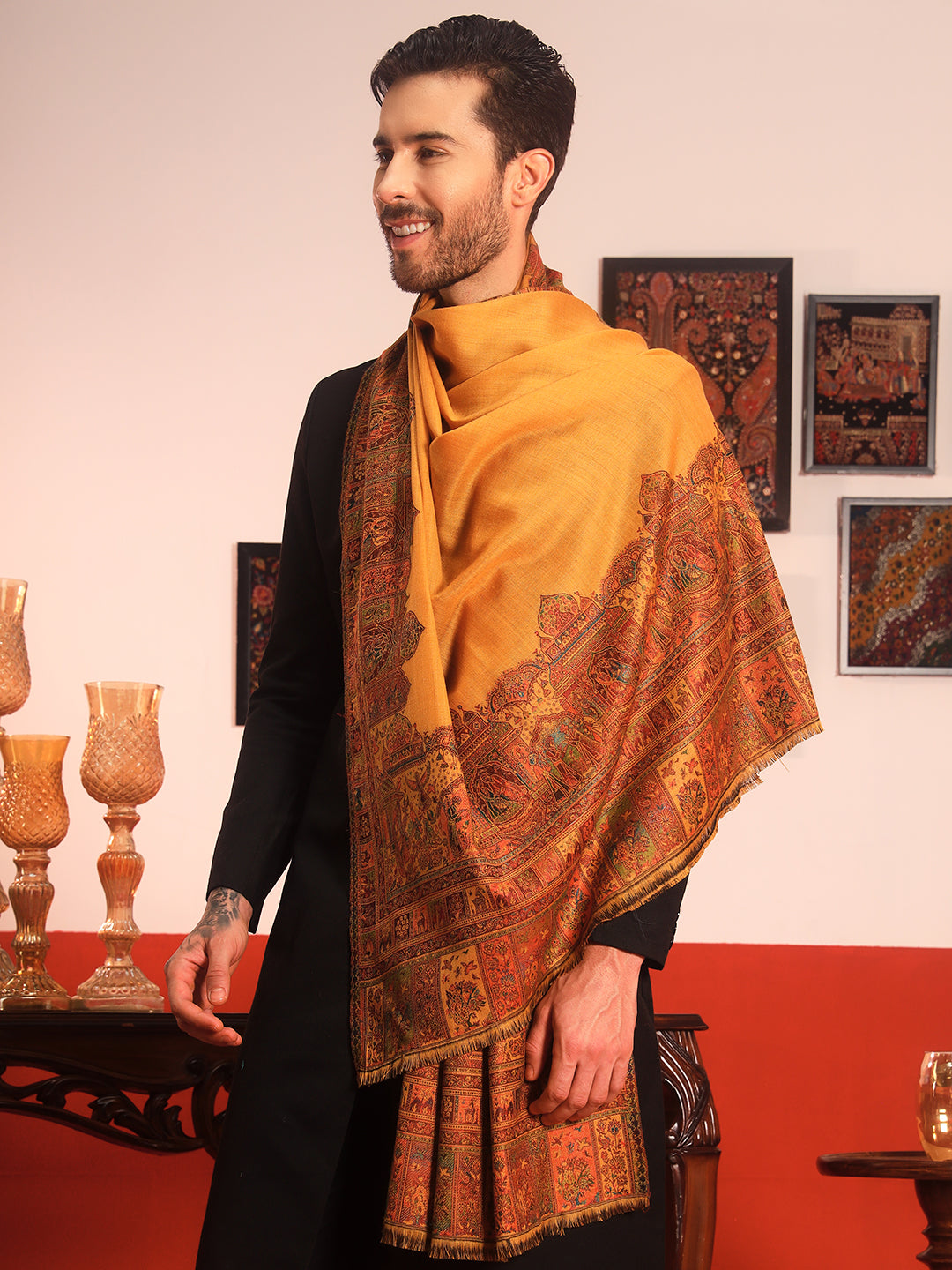 Pashmoda Men Arcadia Borders Kashmiri Jamawar Woven Shawl (Size: 101X203 CM)