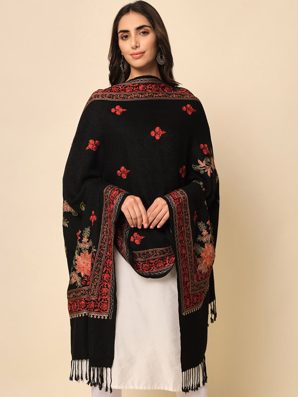Women’s Black Aari Embroidered Stole (Size 71X203 CM)