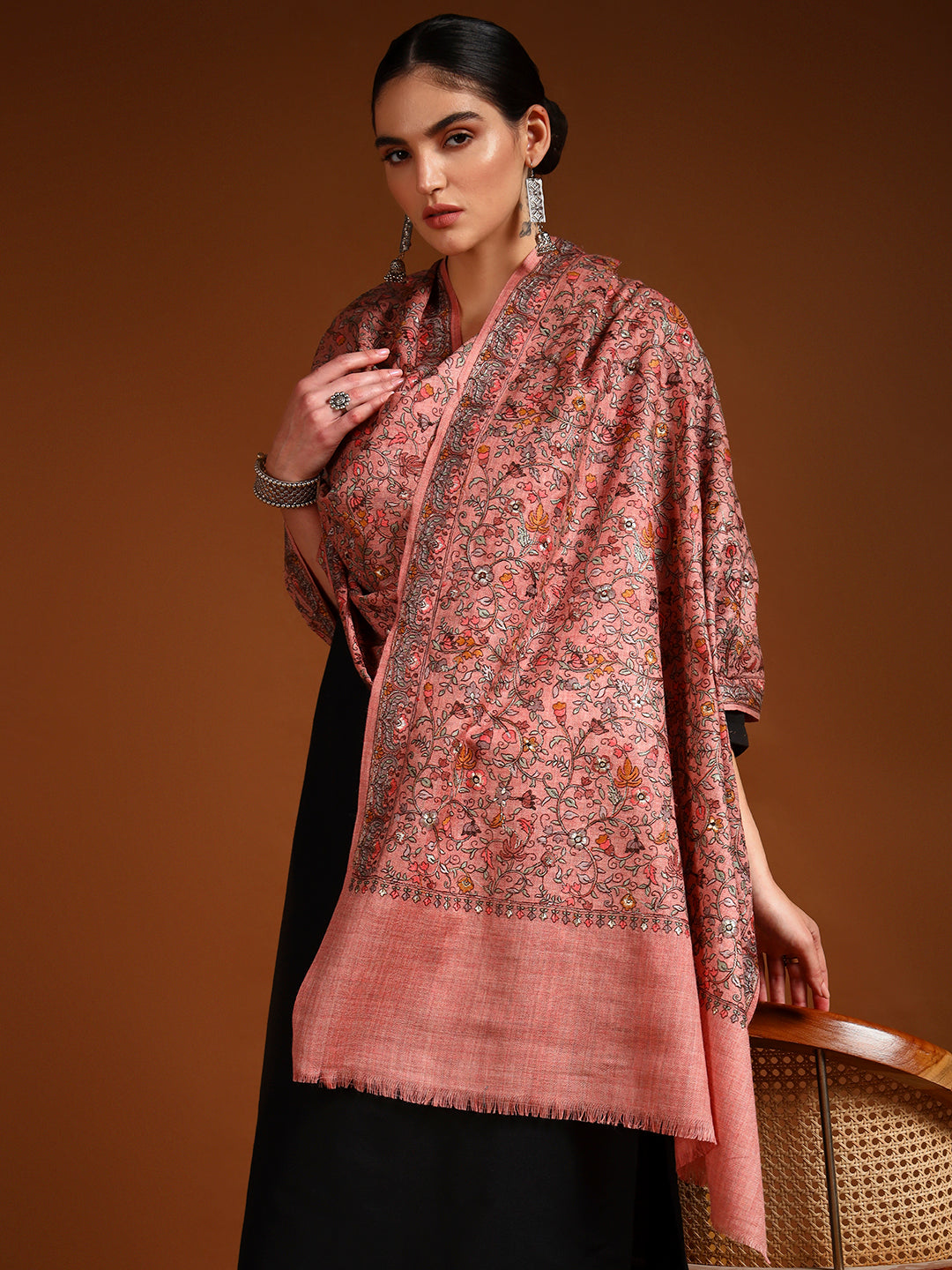 Pashmoda Women Shabnum 100% Pure Wool Sozni Hand Embroidered Stole (Size-71x203cm)