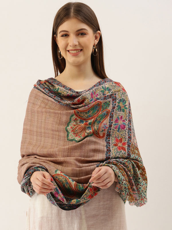 Beige Pure Wool Kalamkari Shawl (Size: 101 X 203 CM)