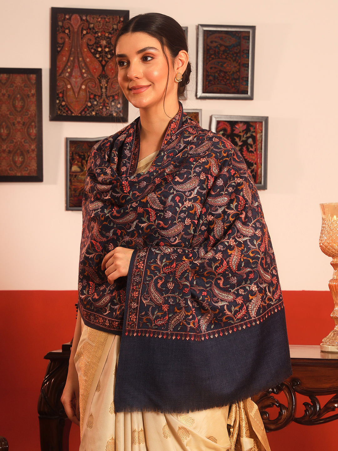 Pashmoda Women’s 100% Pure Wool Sozni Hand Embroidered Stole (Size: 71x203 cm)