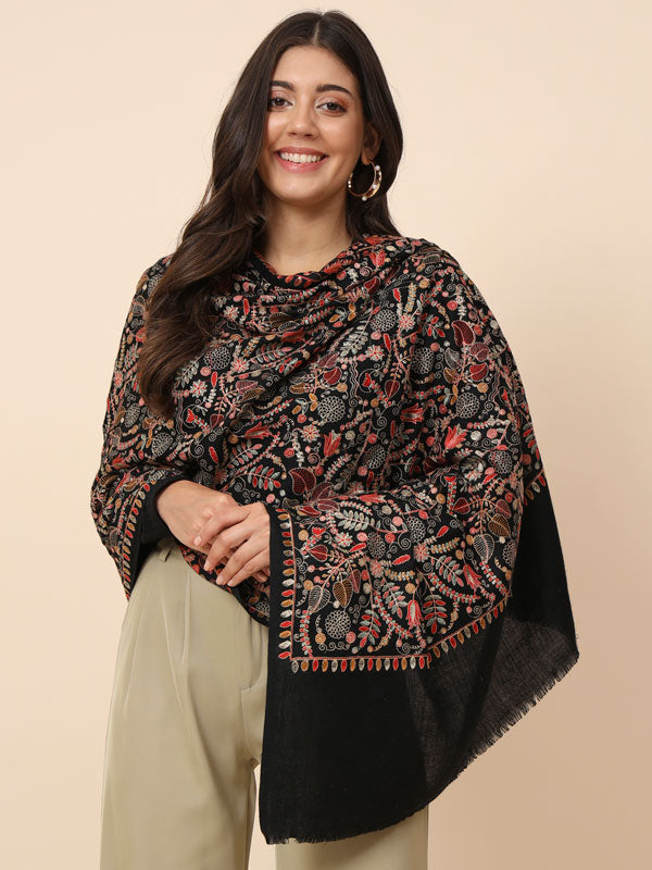 Women Black Pure Wool Embroidered Shawl (Size 101X203 CM)