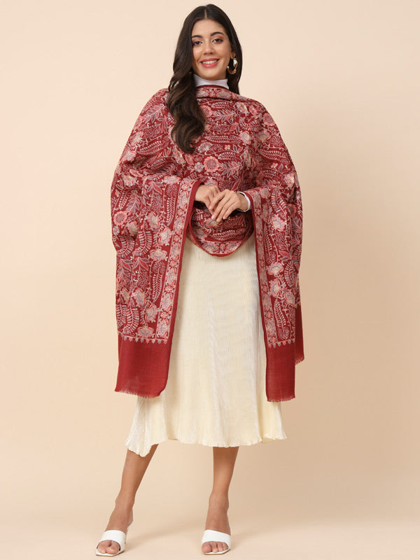 Women Maroon Pure Wool Embroidered Stole (Size 71X203 CM)