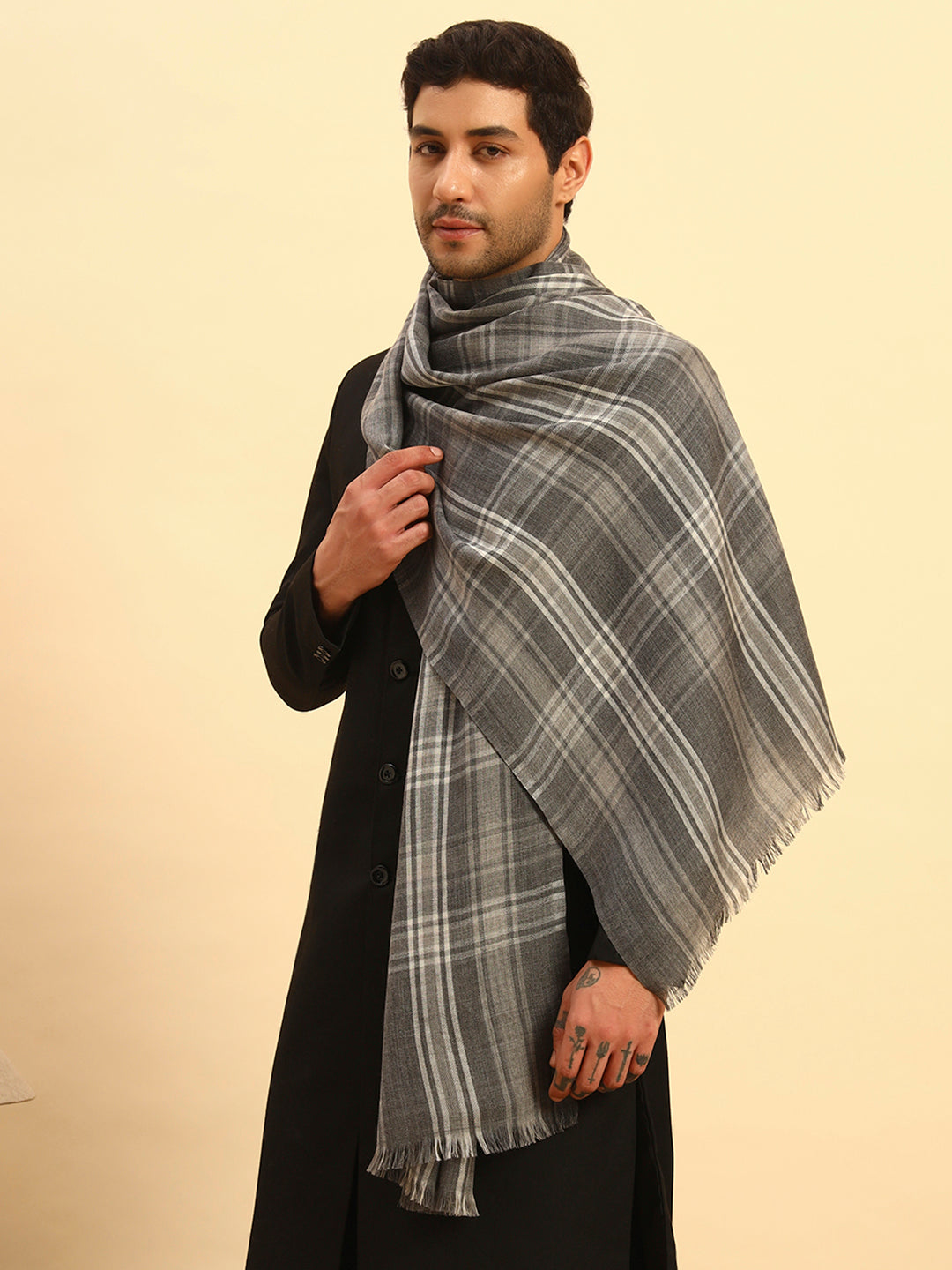 Pashmoda Men Metro Plaid 100% Pure Wool  Checkered Stole (Size : 71X203cm)