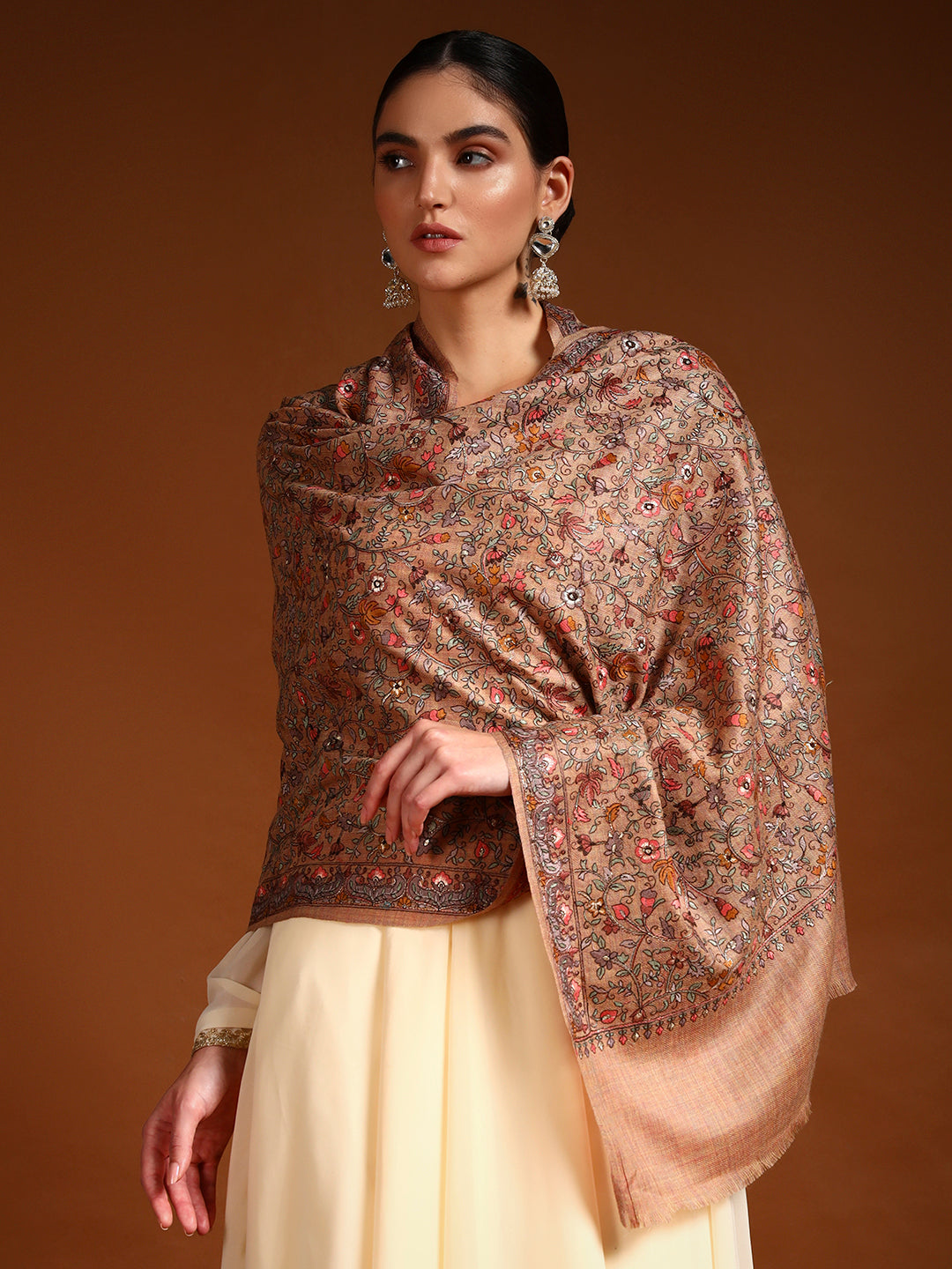 Pashmoda Women Shabnum 100% Pure Wool Sozni Hand Embroidered Stole (Size-71 × 203 cm)
