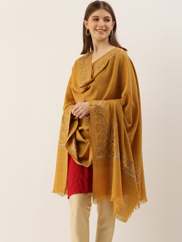 Yellow Pure Wool Embroidered Shawl (Size : 101X203 CM)