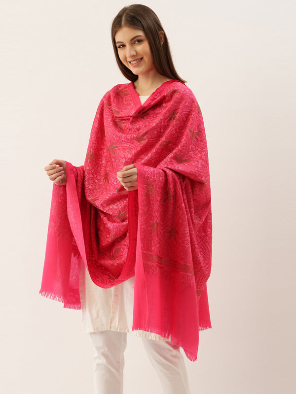 Women's Pink Pure Wool Crystal Work and Aari Embroidered Shawl (Size: 101 X 203 Cms)
