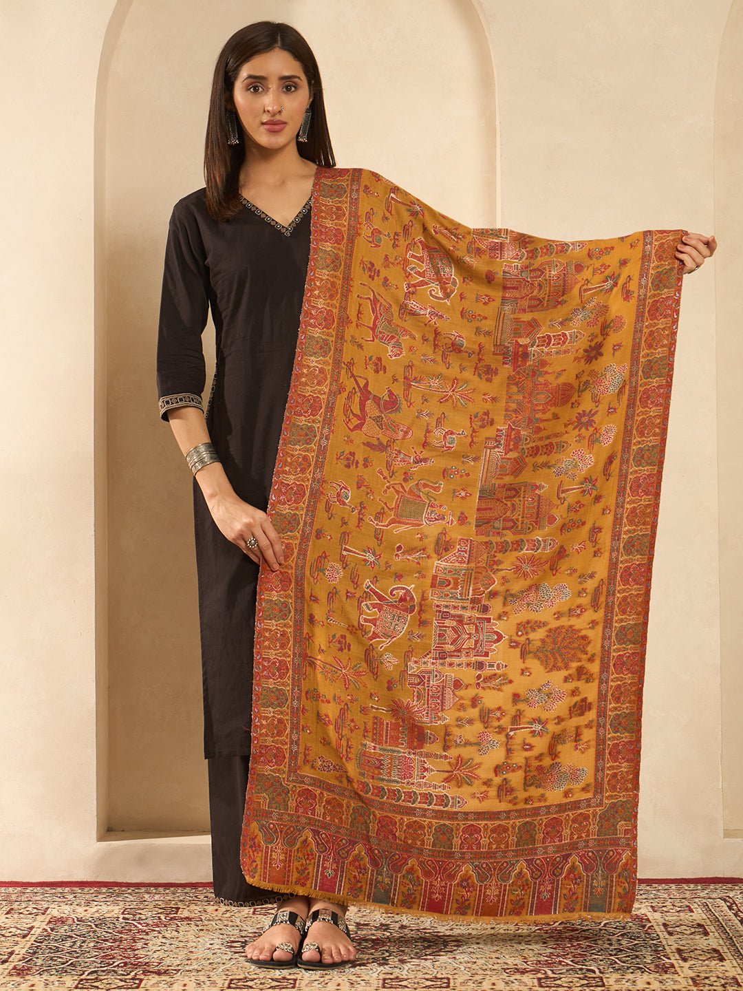 Pashmoda  Imperial Caravan kaani stole Stole for Women, Wool Blend Pashmina Style Shawl Wrap, Traditional Kashmiri Jamawar Woven Design, Luxury Evening & Festive Scarf (28 x 80 Inches)