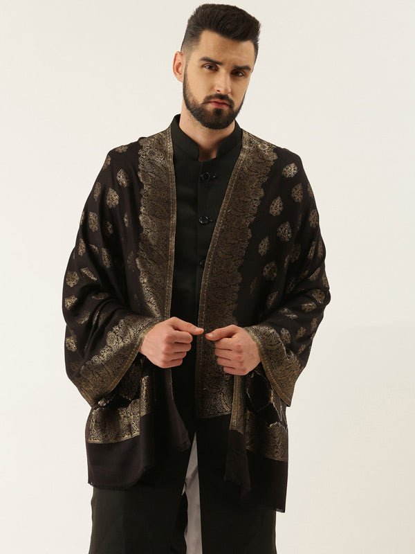 Men Kaani Stole with Zari Weave, Authentic Kashmiri Luxury Pashmina Style Stole, Size 72X208 CM