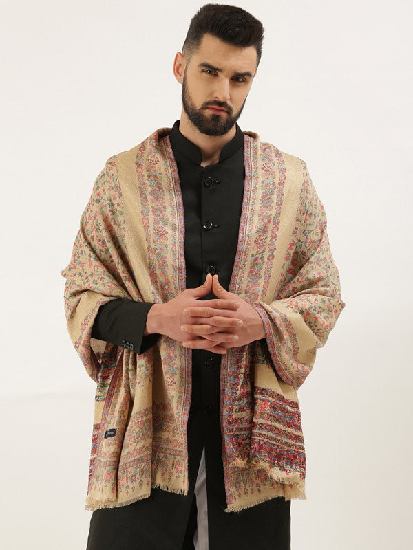 Men Kaani Stole with Zari Weave, Authentic Kashmiri Luxury Pashmina Style Shawl, Stole, Size 72X208 CM, Beige Color